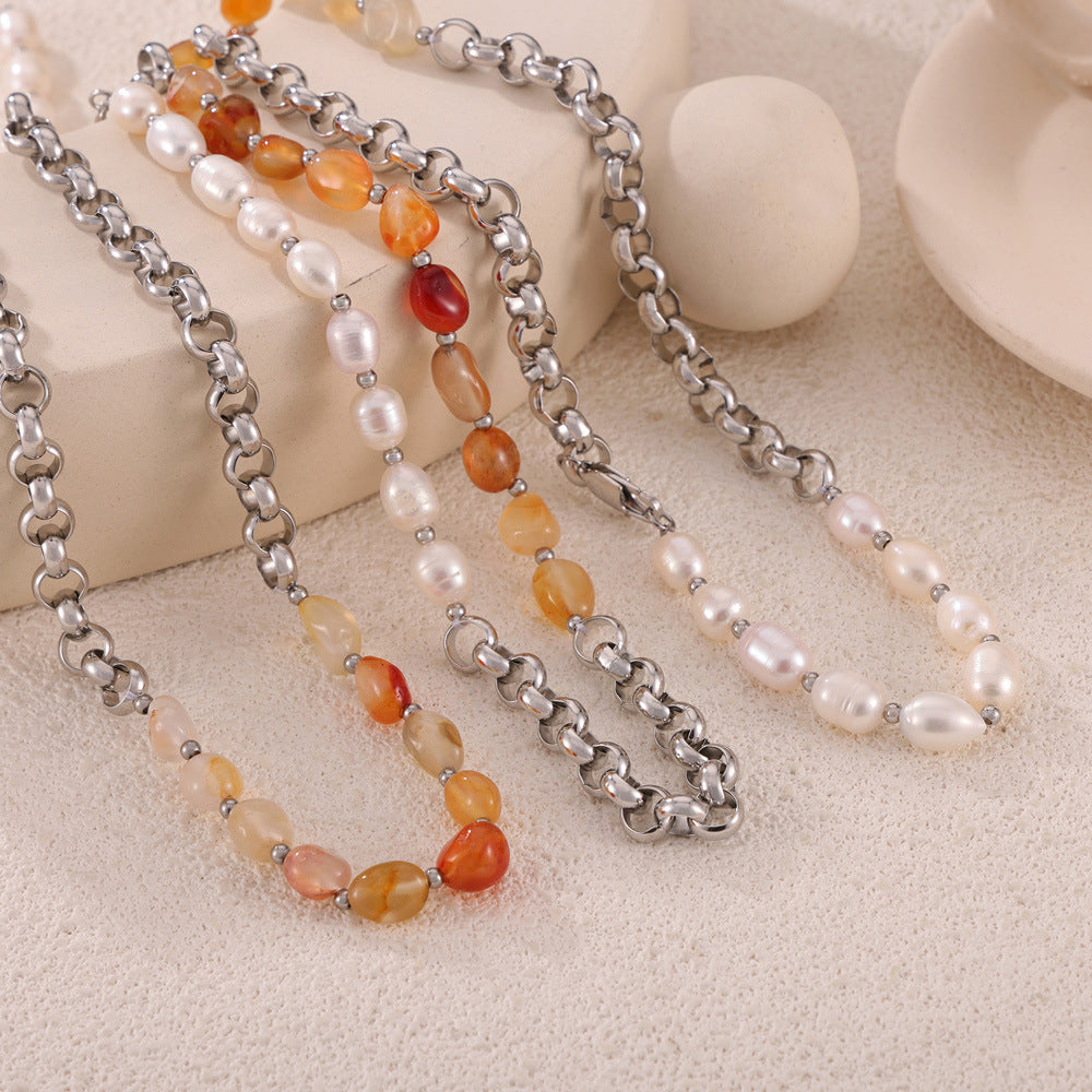 Stainless Steel Role Chain Stitching Beaded Chain Necklace