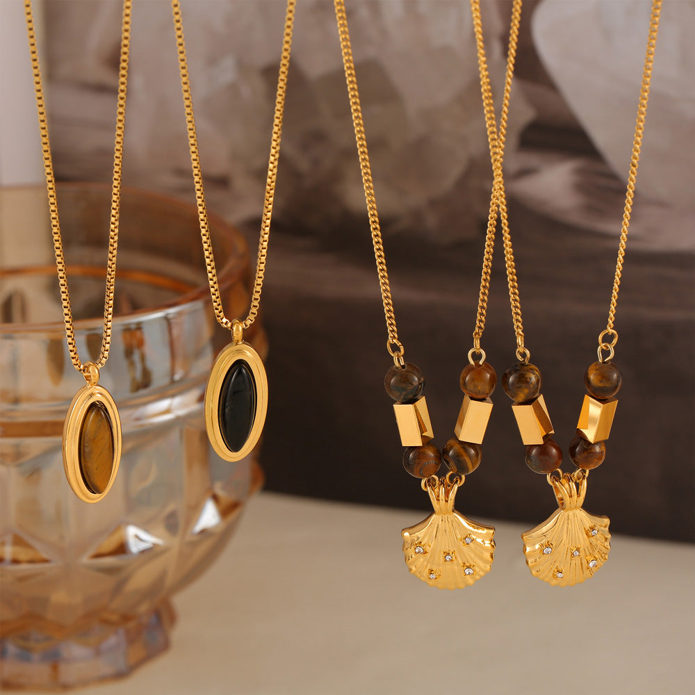 Oval Pendant Inlay with Tiger Eye Stone Stainless Steel Necklace
