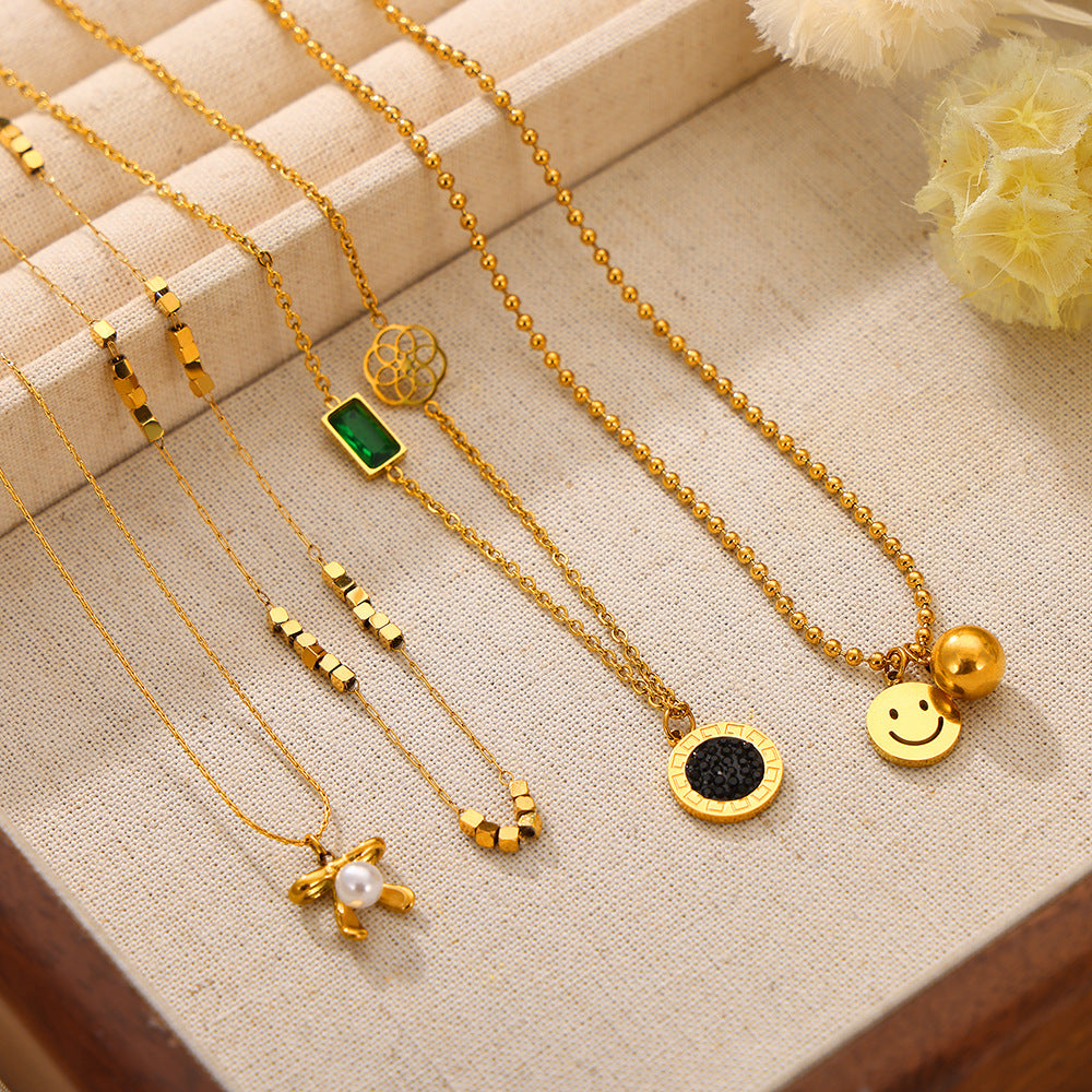 Smiley Face Bow Round Pendant Stainless Steel Necklace
