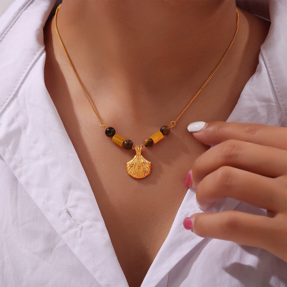 Oval Pendant Inlay with Tiger Eye Stone Stainless Steel Necklace