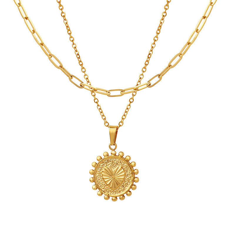 Stainless Steel Heart Shape Embossed Sun Pendant Necklace