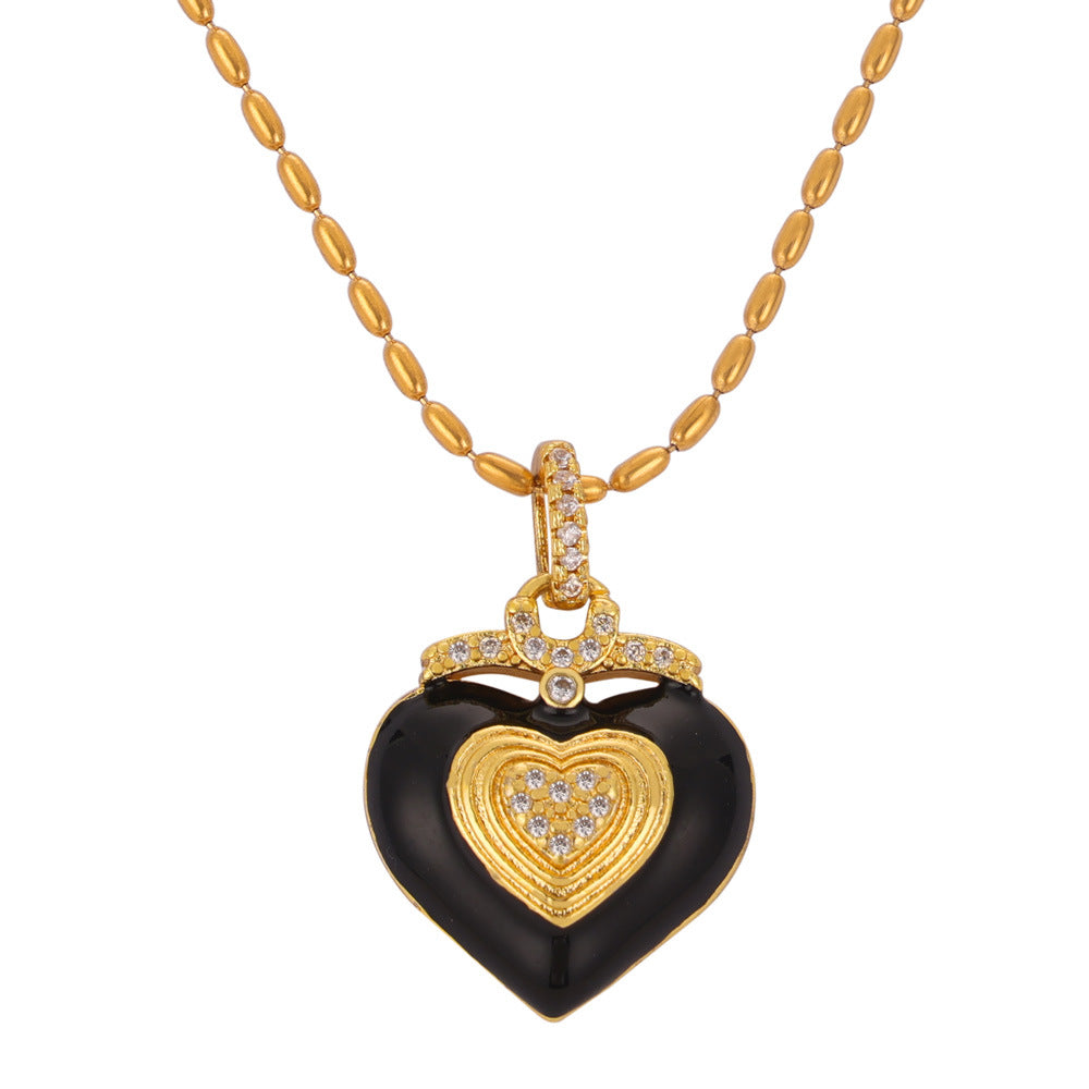 Black Oil Drop Heart Pendant Inlay Czech Diamond Necklace