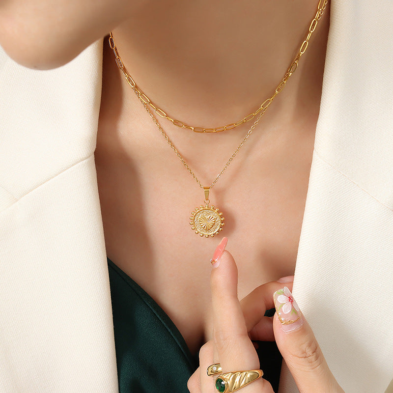 Stainless Steel Heart Shape Embossed Sun Pendant Necklace
