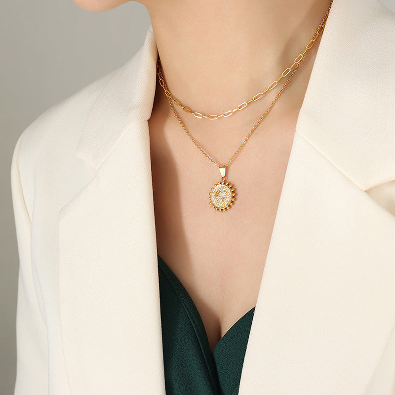 Stainless Steel Heart Shape Embossed Sun Pendant Necklace