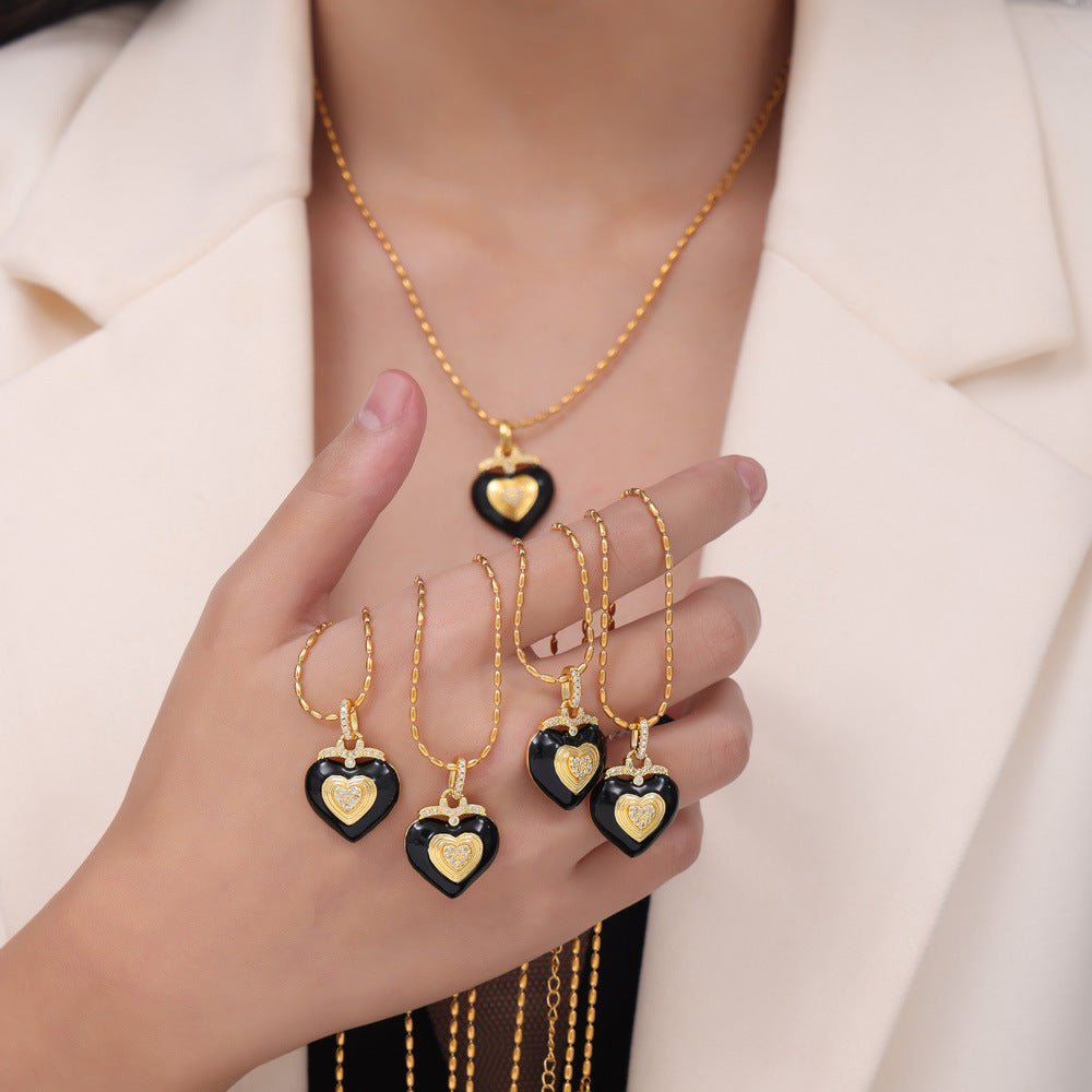 Black Oil Drop Heart Pendant Inlay Czech Diamond Necklace