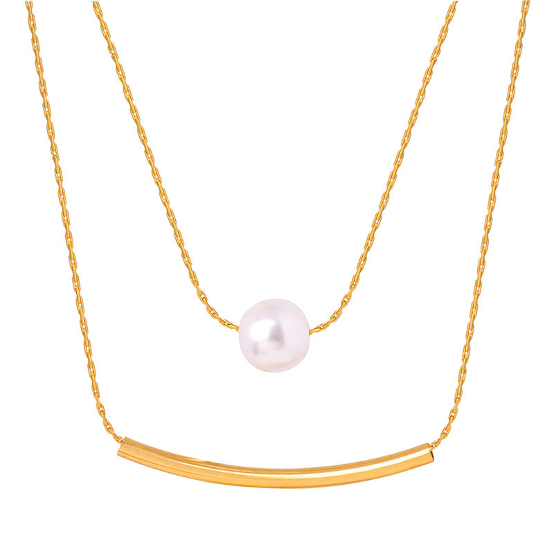 Stainless Steel Round Tube Imitation Pearl Pendant Double Layer Necklace