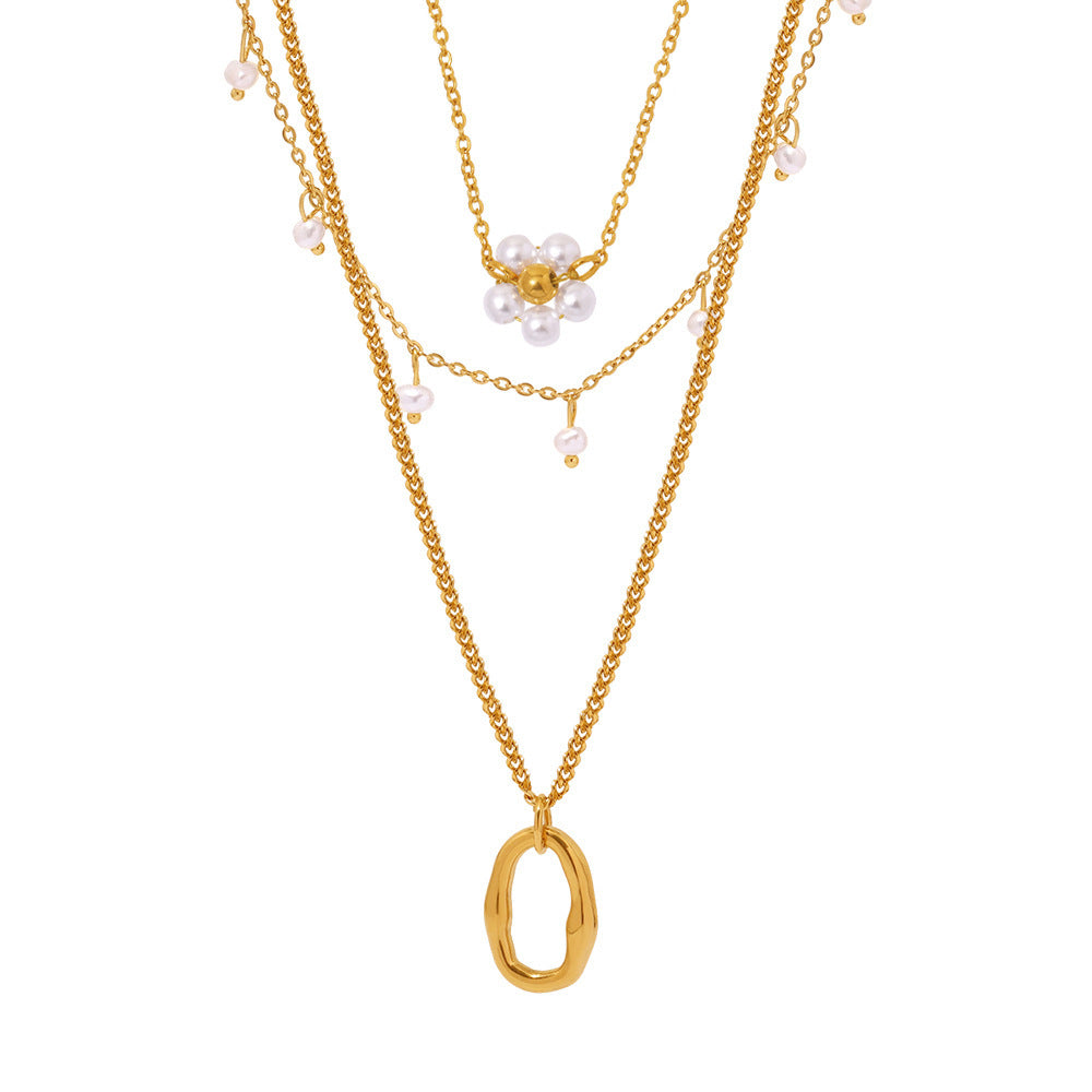 Stainless Steel Imitation Pearl Flower Hollow Circle Pendant Necklace