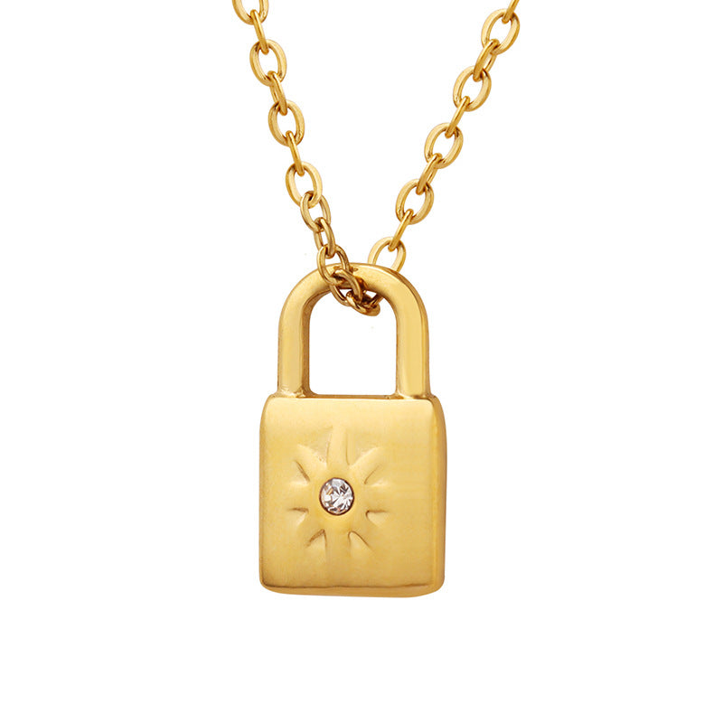 Stainless Steel Lock Inlay Cubic Zirconia Necklace