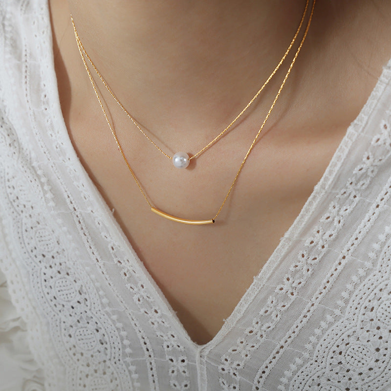 Stainless Steel Round Tube Imitation Pearl Pendant Double Layer Necklace