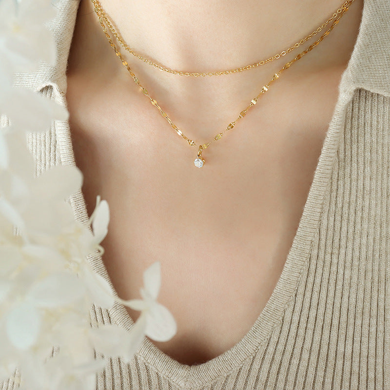 Stainless Steel Cubic Zirconia Pendant Lip Chain & Cable Chain Necklace