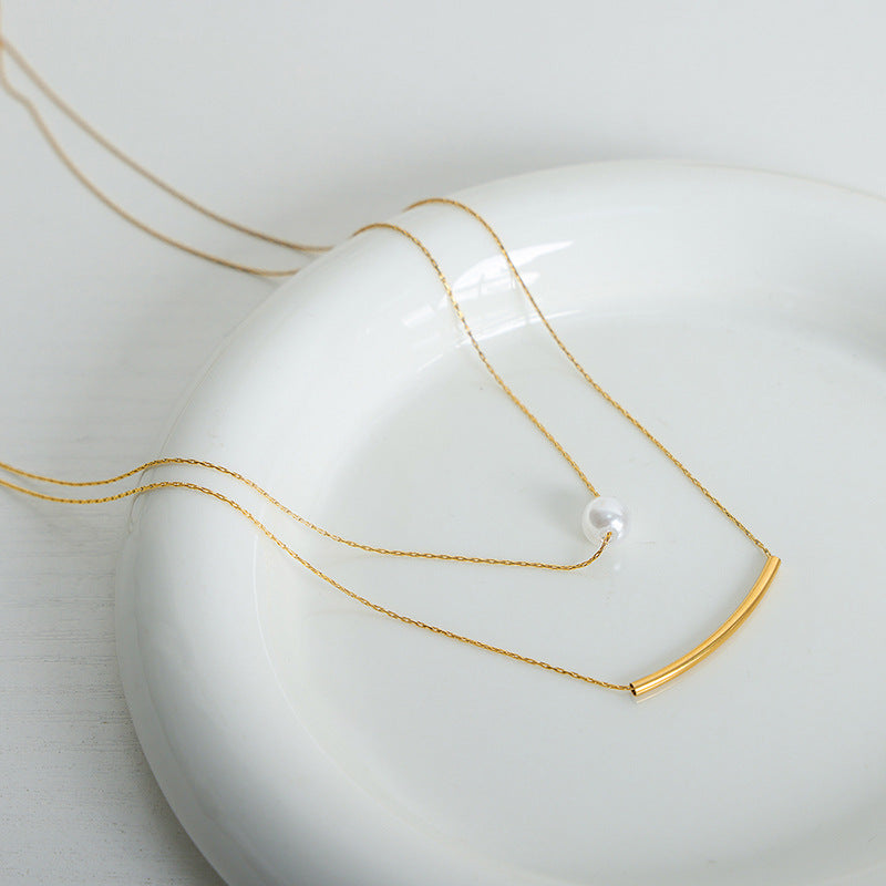 Stainless Steel Round Tube Imitation Pearl Pendant Double Layer Necklace