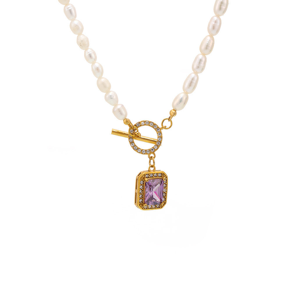 Stainless Steel Square Cubic Zirconia OT Buckle Freshwater Pearl Necklace
