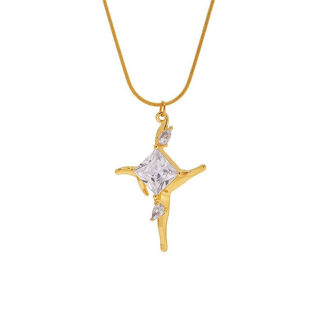 Stainless Steel 18K Gold PVD Cross Inlay Cubic Zirconia Necklace