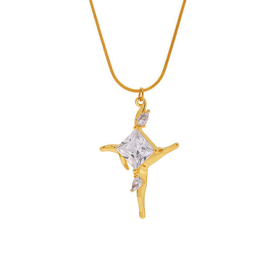 Stainless Steel 18K Gold PVD Cross Inlay Cubic Zirconia Necklace
