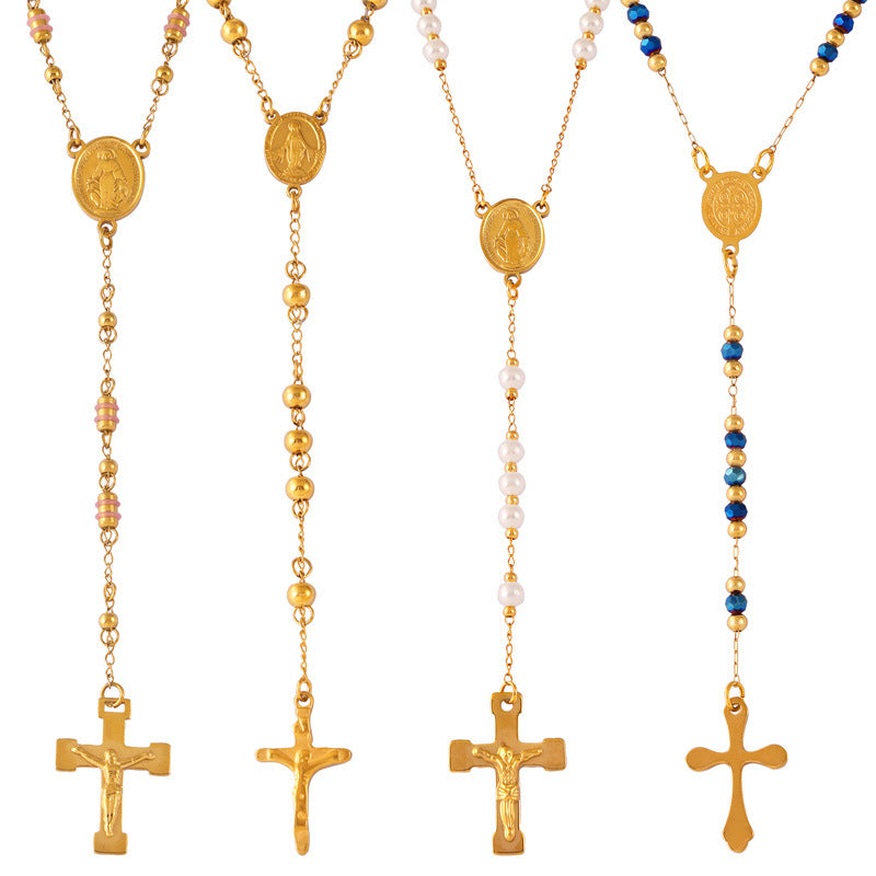 Stainless Steel Hip Hop Cross Pendant Tassel Necklace