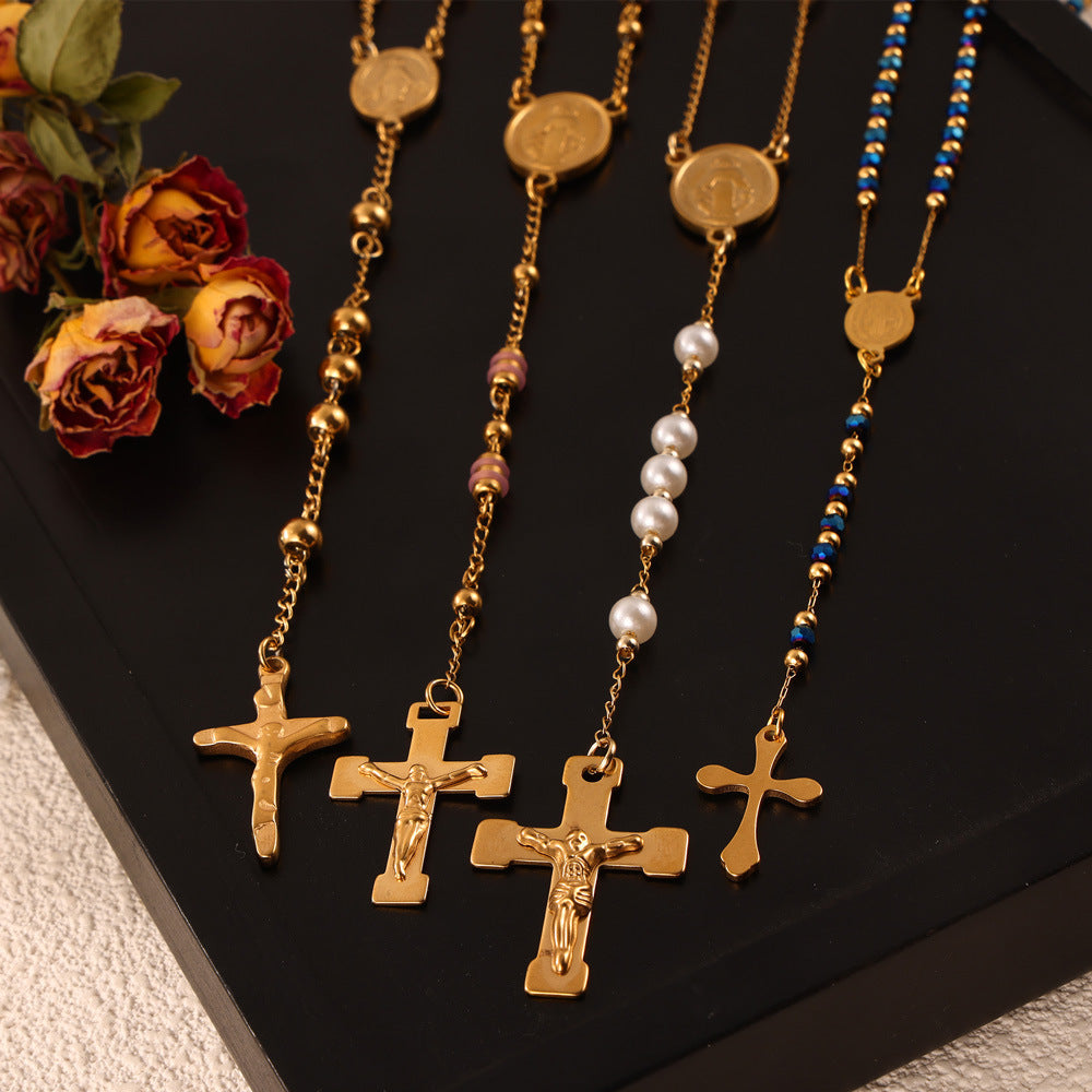 Stainless Steel Hip Hop Cross Pendant Tassel Necklace