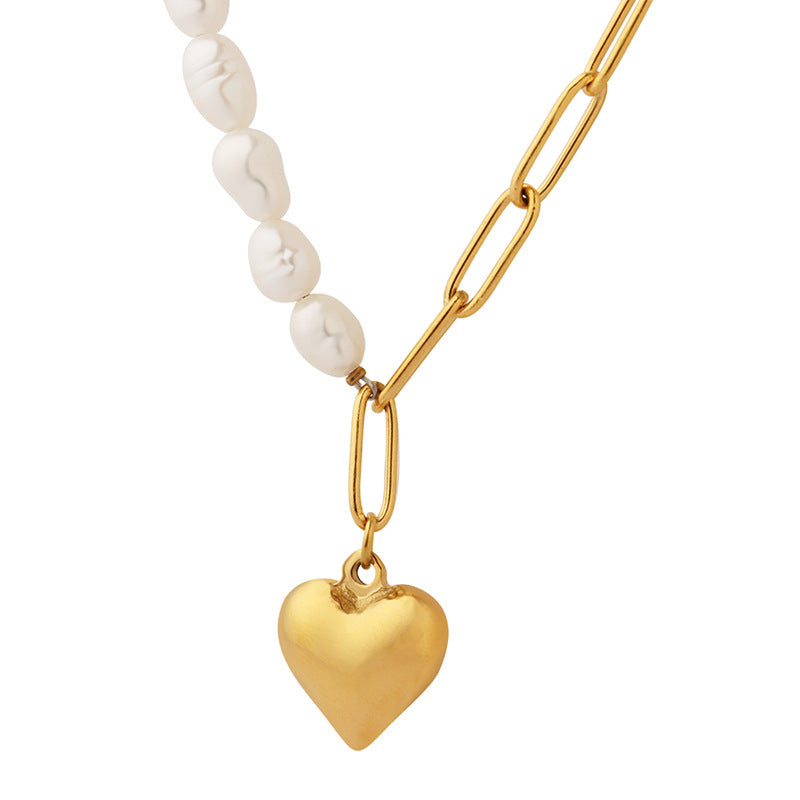 Freshwater Pearl Chain Spliced with Paper Clip Chain Heart Pendant Necklace