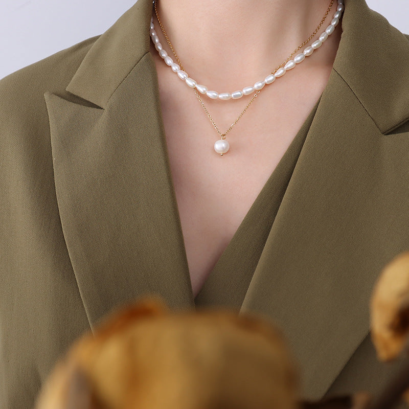 Freshwater Pearl Pendant Chain Double Necklace