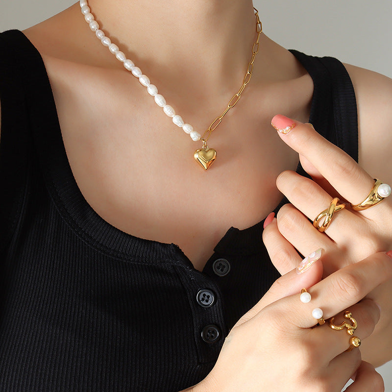 Freshwater Pearl Chain Spliced with Paper Clip Chain Heart Pendant Necklace