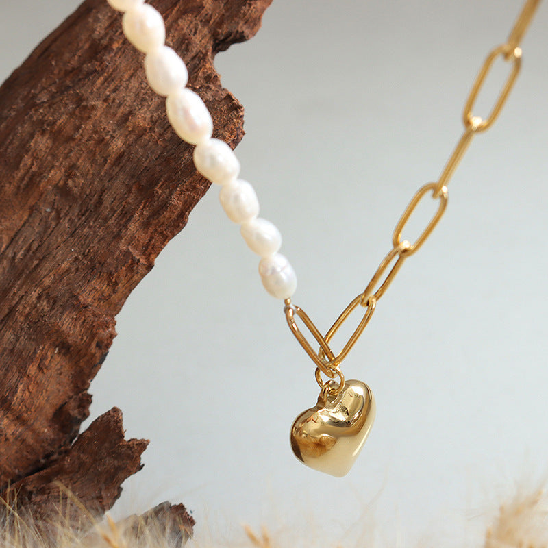 Freshwater Pearl Chain Spliced with Paper Clip Chain Heart Pendant Necklace