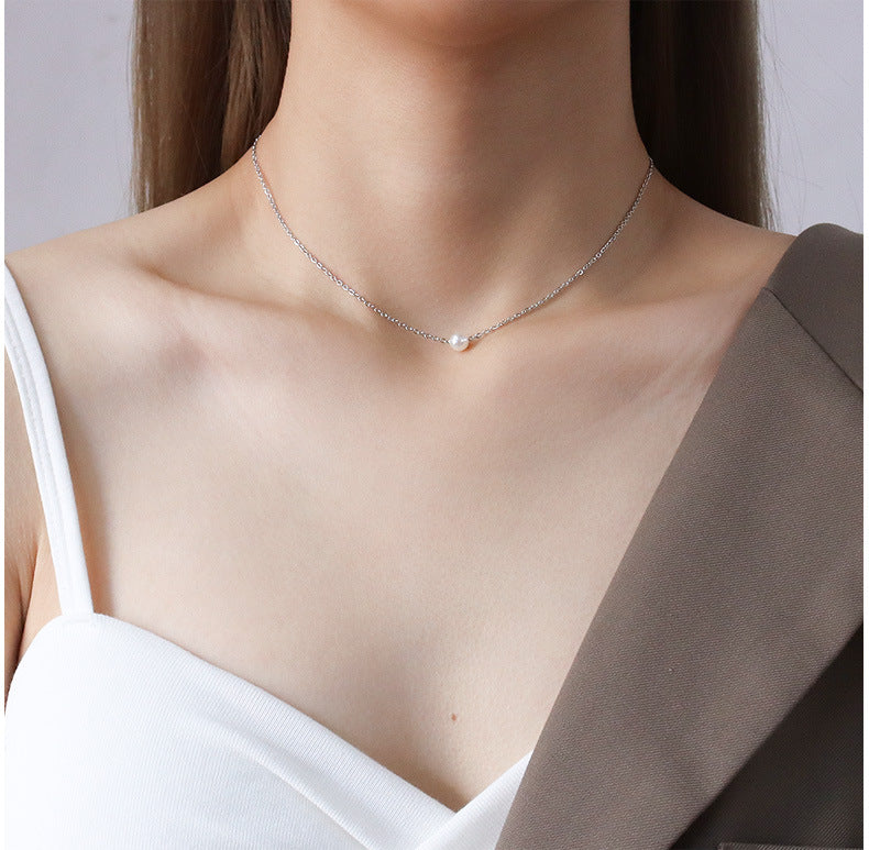 Simple Imitation Pearl Pendant Stainless Steel Necklace