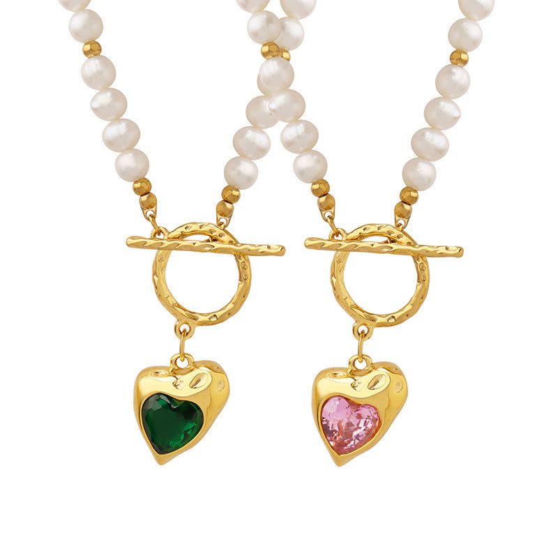 OT Buckle Heart Inlay Cubic Zirconia Pendant Freshwater Pearl Necklace
