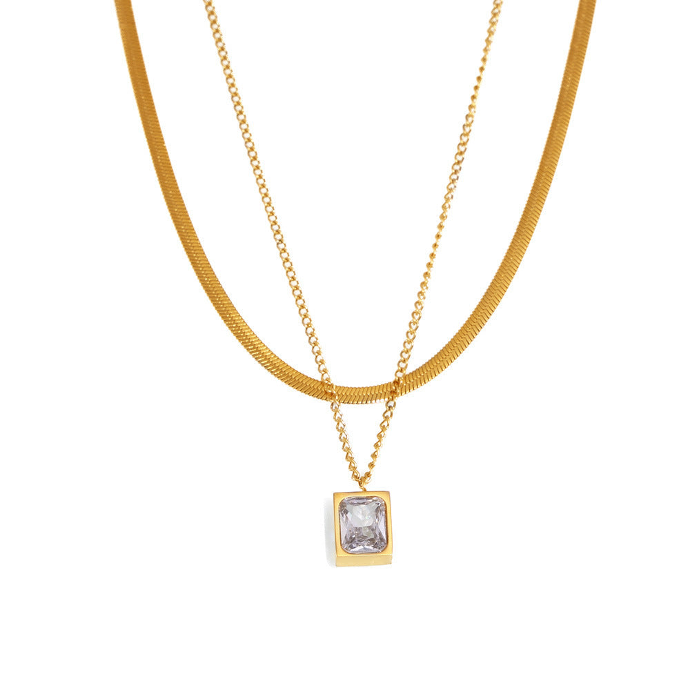 Stainless Steel Layered Square Inlay Cubic Zirconia Pendant Necklace