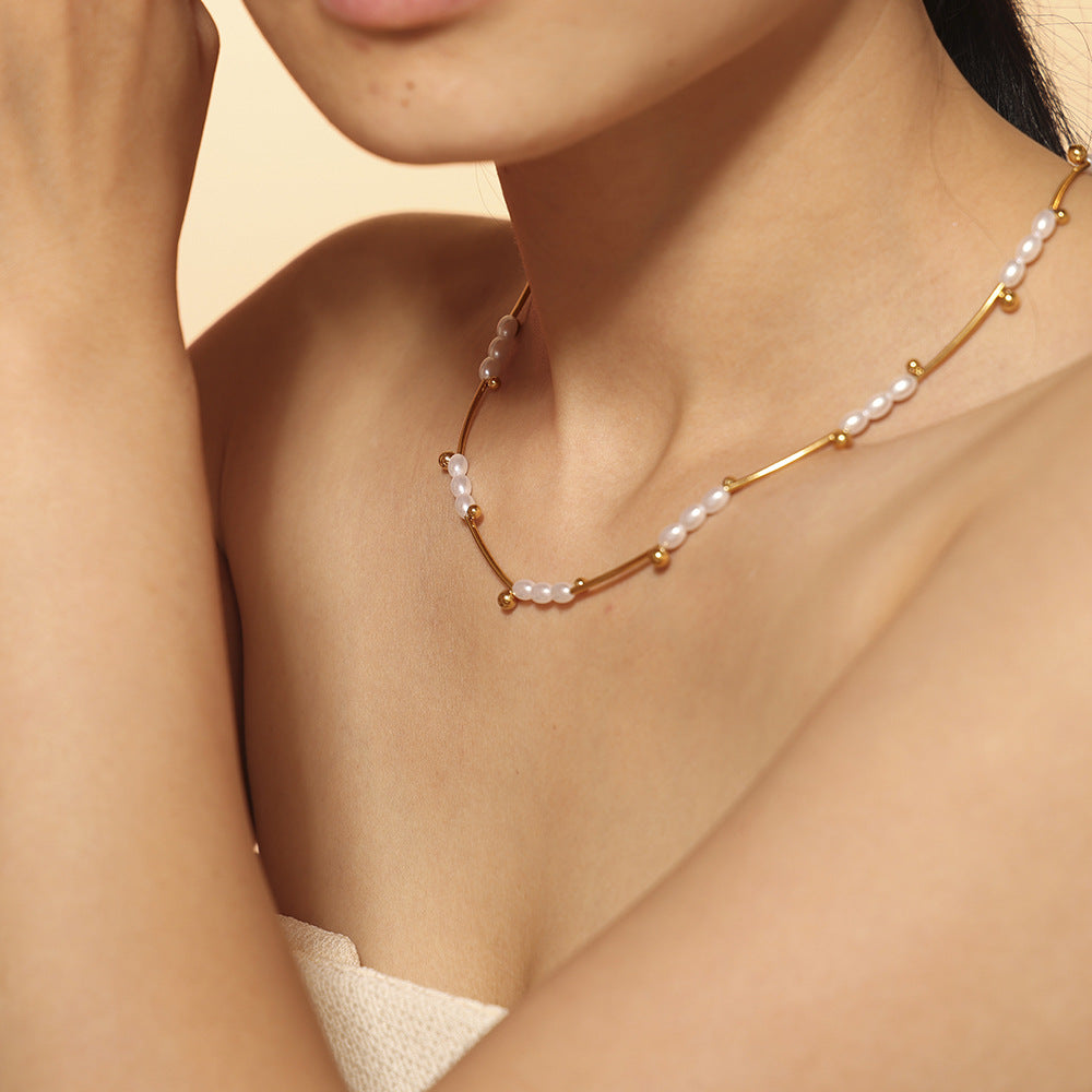 Stainless Steel Baroque Separated Imitation Pearl Necklace