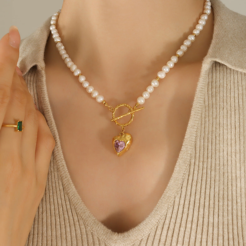 OT Buckle Heart Inlay Cubic Zirconia Pendant Freshwater Pearl Necklace