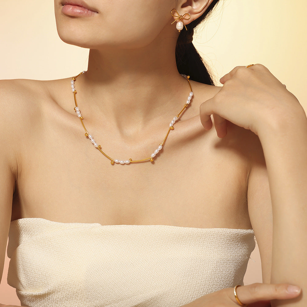 Stainless Steel Baroque Separated Imitation Pearl Necklace