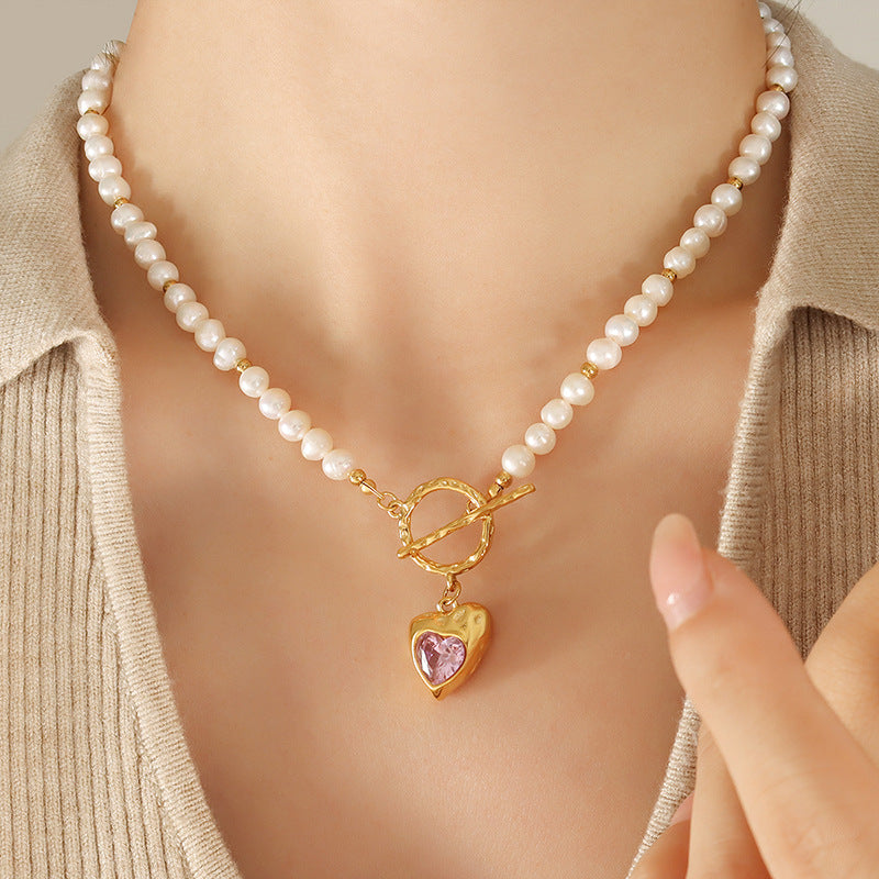 OT Buckle Heart Inlay Cubic Zirconia Pendant Freshwater Pearl Necklace