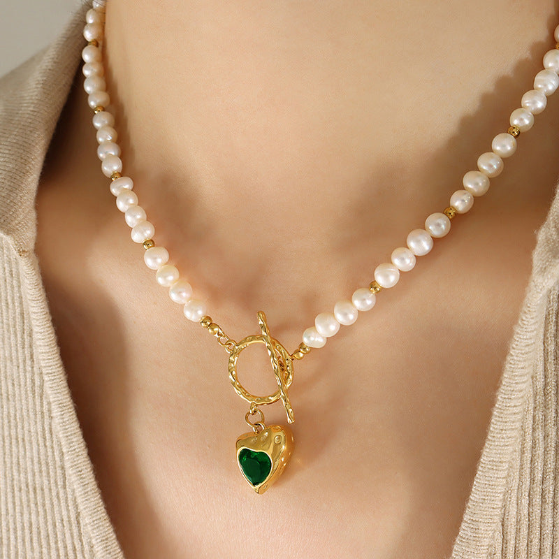 OT Buckle Heart Inlay Cubic Zirconia Pendant Freshwater Pearl Necklace