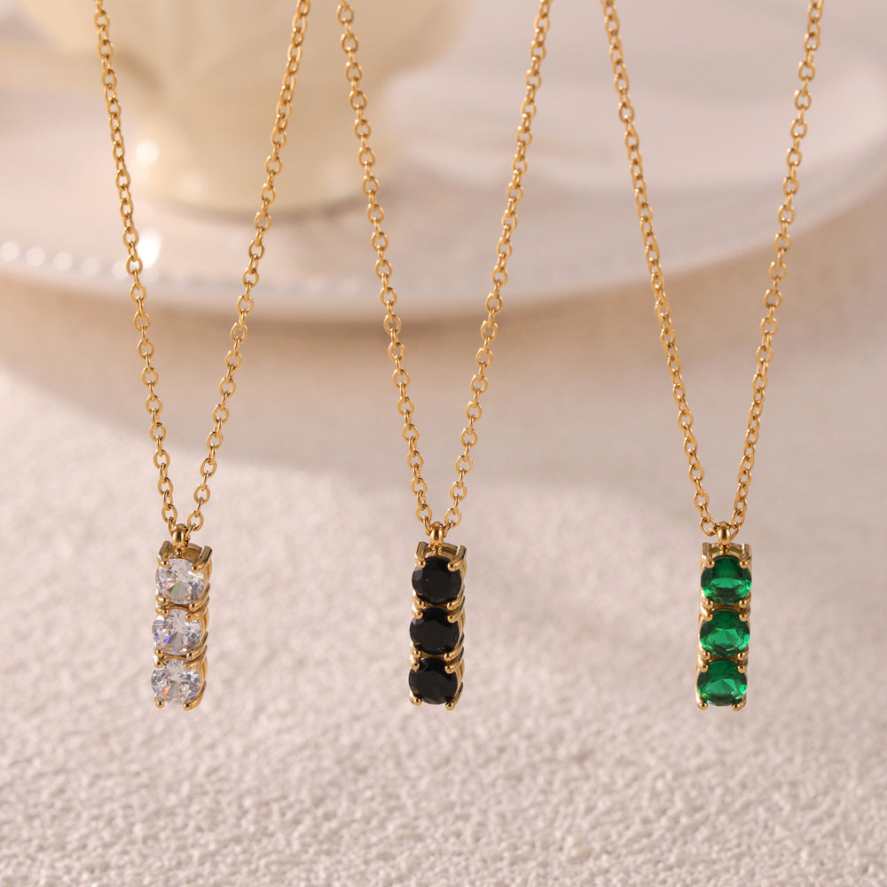 Stainless Steel Bar Inlay Three Cubic Zirconia Necklace