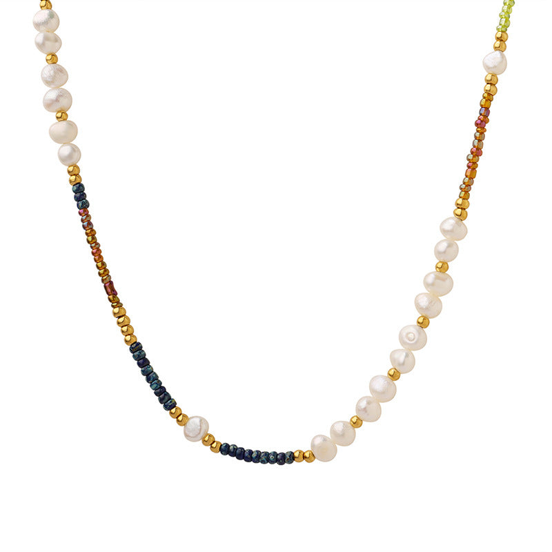 Stainless Steel Bohemian Freshwater Pearl Natural Stone Beaded Necklace