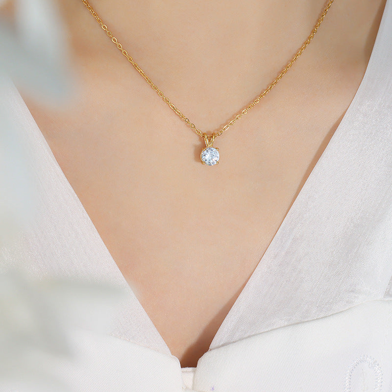 Stainless Steel Round Cubic Zirconia Pendant Necklace
