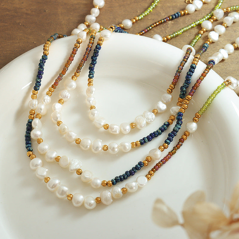 Stainless Steel Bohemian Freshwater Pearl Natural Stone Beaded Necklace