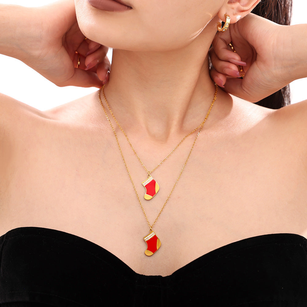 Stainless Steel Red Sock Oil Drop Pendant Inlay CZ Necklace