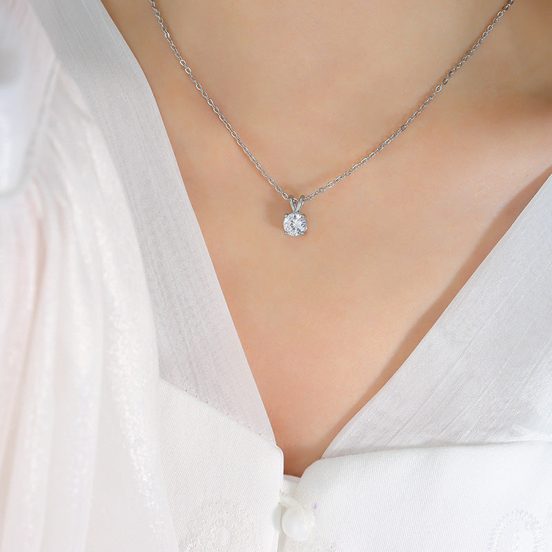 Stainless Steel Round Cubic Zirconia Pendant Necklace