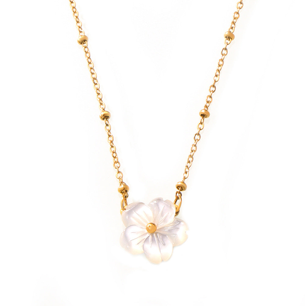 Stainless Steel White Sea Shell Flower Pendant Necklace