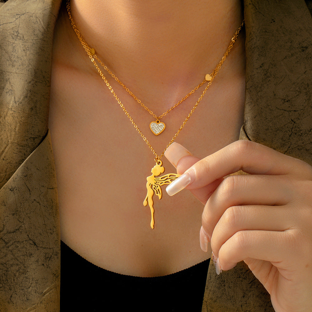 Stainless Steel Heart & Angel Pendant Necklace
