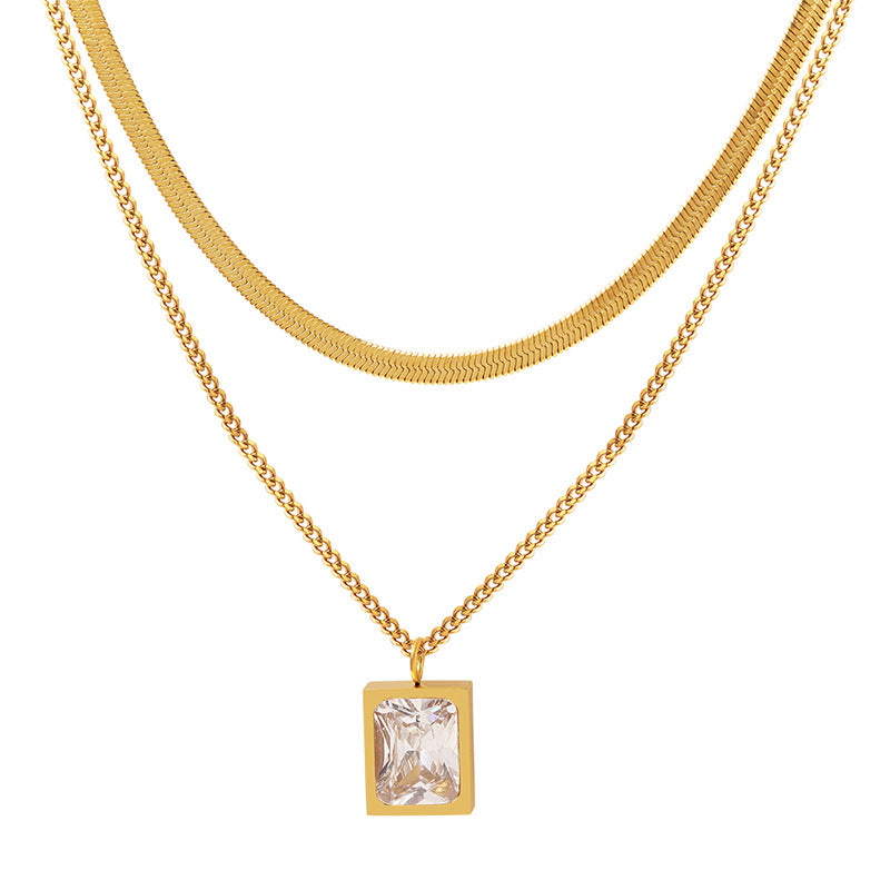 Square Pendant Double Layer Stainless Steel Necklace