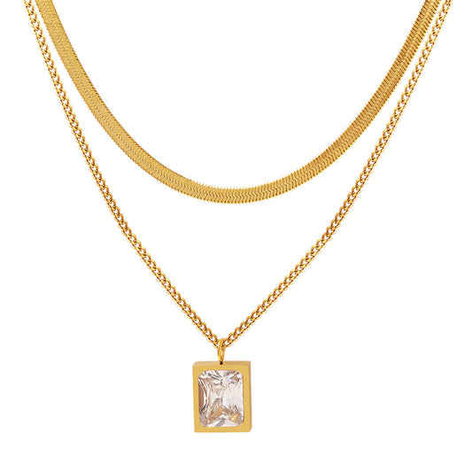 Square Pendant Double Layer Stainless Steel Necklace