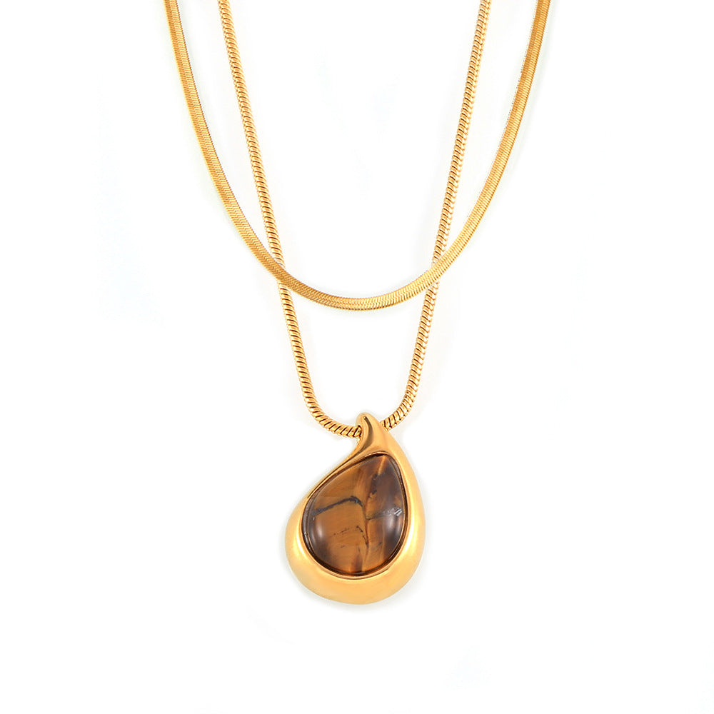 Water Drop Shaped Inlay Tiger Eye Stone Pendant Stainless Steel Necklace