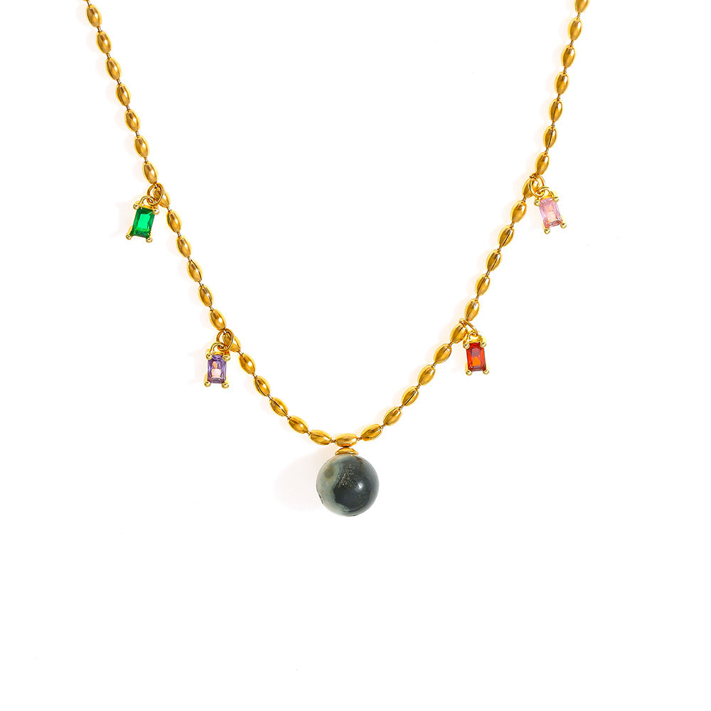 Stainless Steel Natural Stone Cubic Zirconia Charm Necklace