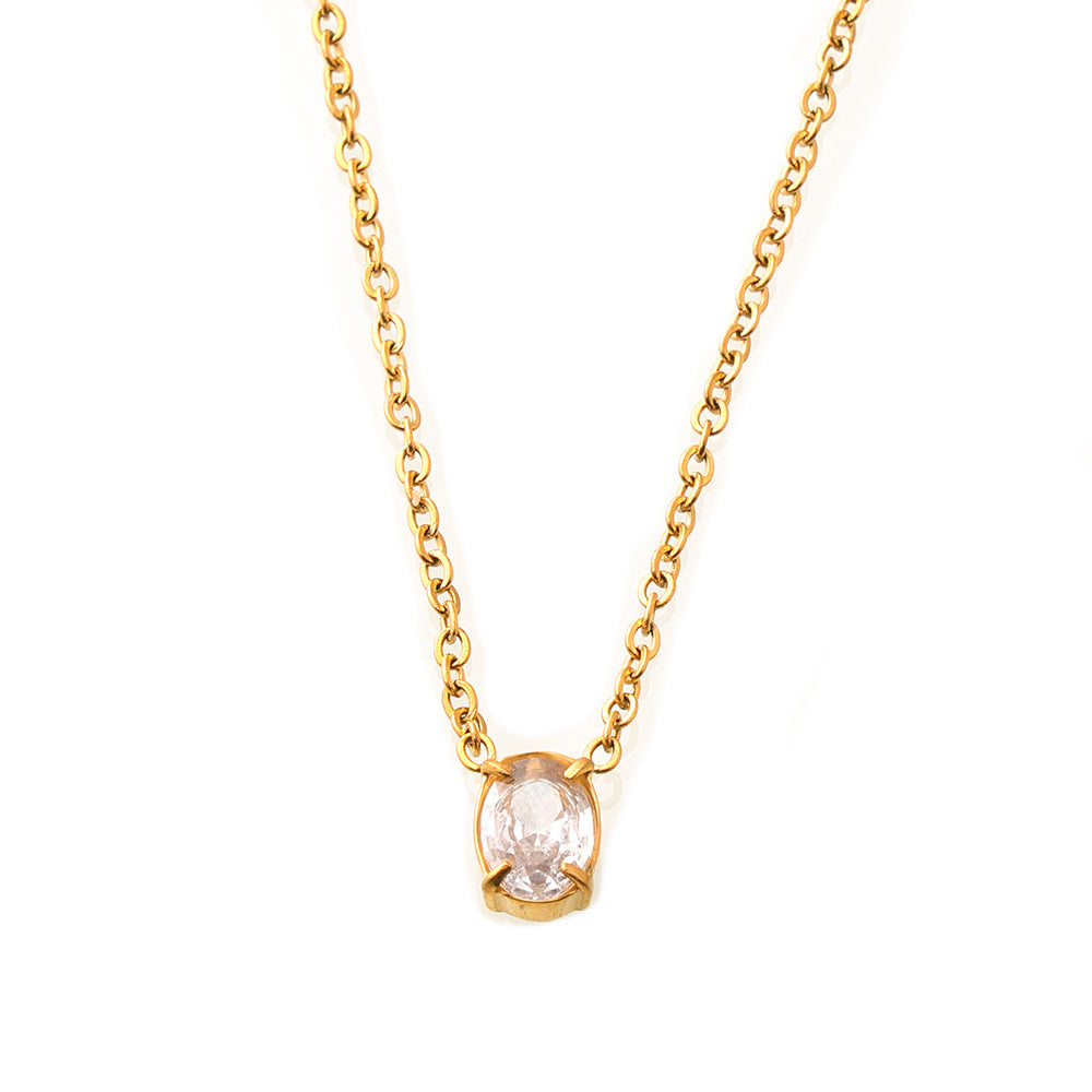 Stainless Steel Oval Pendant Inlay Cubic Zirconia Necklace