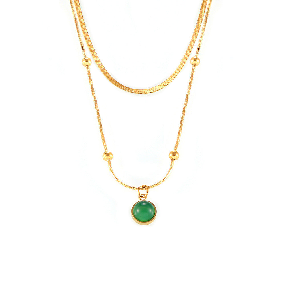 Stainless Steel Green Glass Stone Pendant Necklace