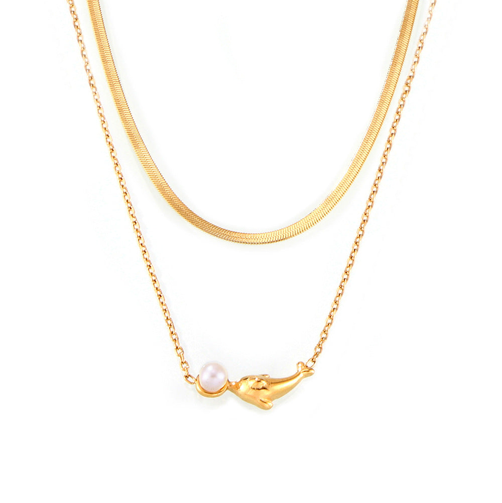 Stainless Steel Dolphin Stitching Imitation Pearl Pendant Necklace