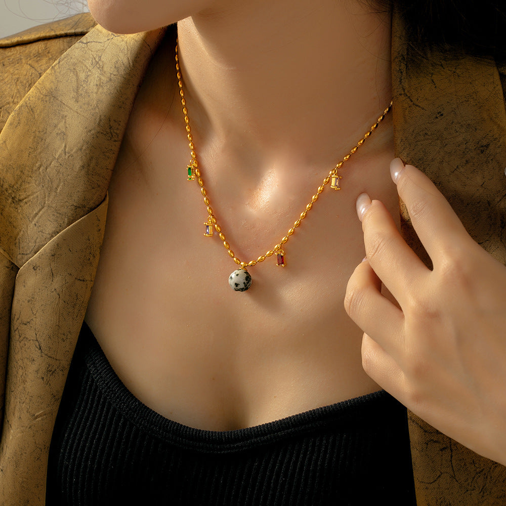 Stainless Steel Natural Stone Cubic Zirconia Charm Necklace