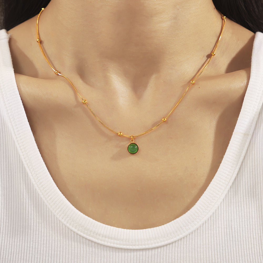 Stainless Steel Green Glass Stone Pendant Necklace