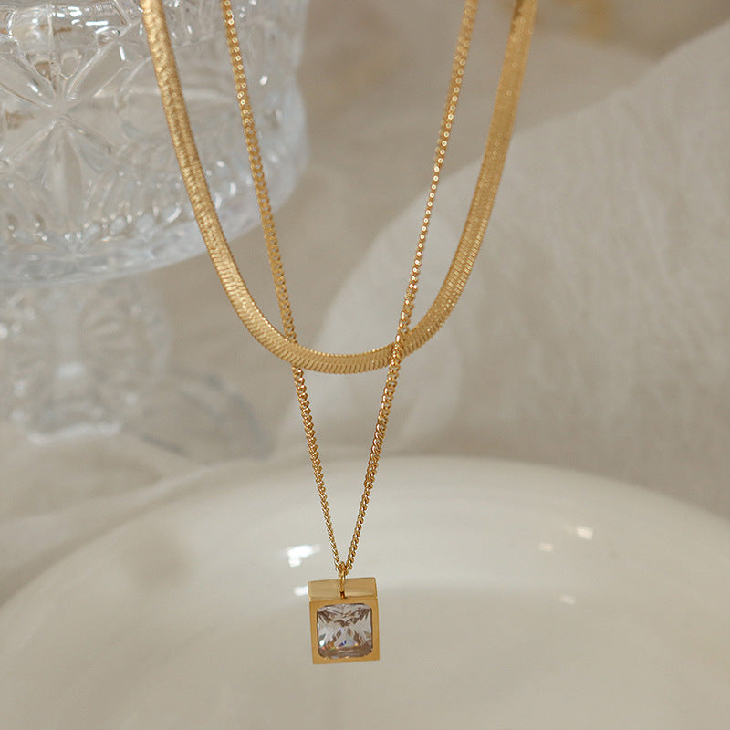Square Pendant Double Layer Stainless Steel Necklace